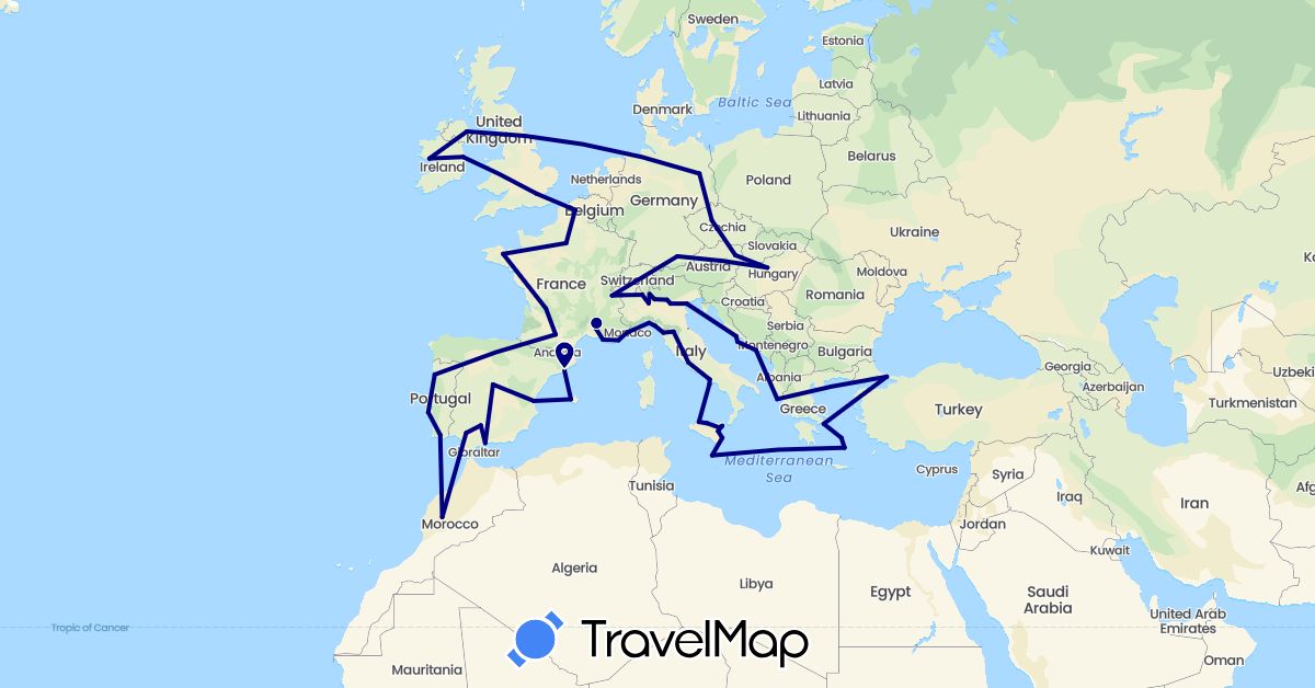 TravelMap itinerary: driving in Austria, Czech Republic, Germany, Spain, France, United Kingdom, Greece, Croatia, Hungary, Ireland, Italy, Morocco, Monaco, Malta, Portugal, Turkey (Africa, Asia, Europe)